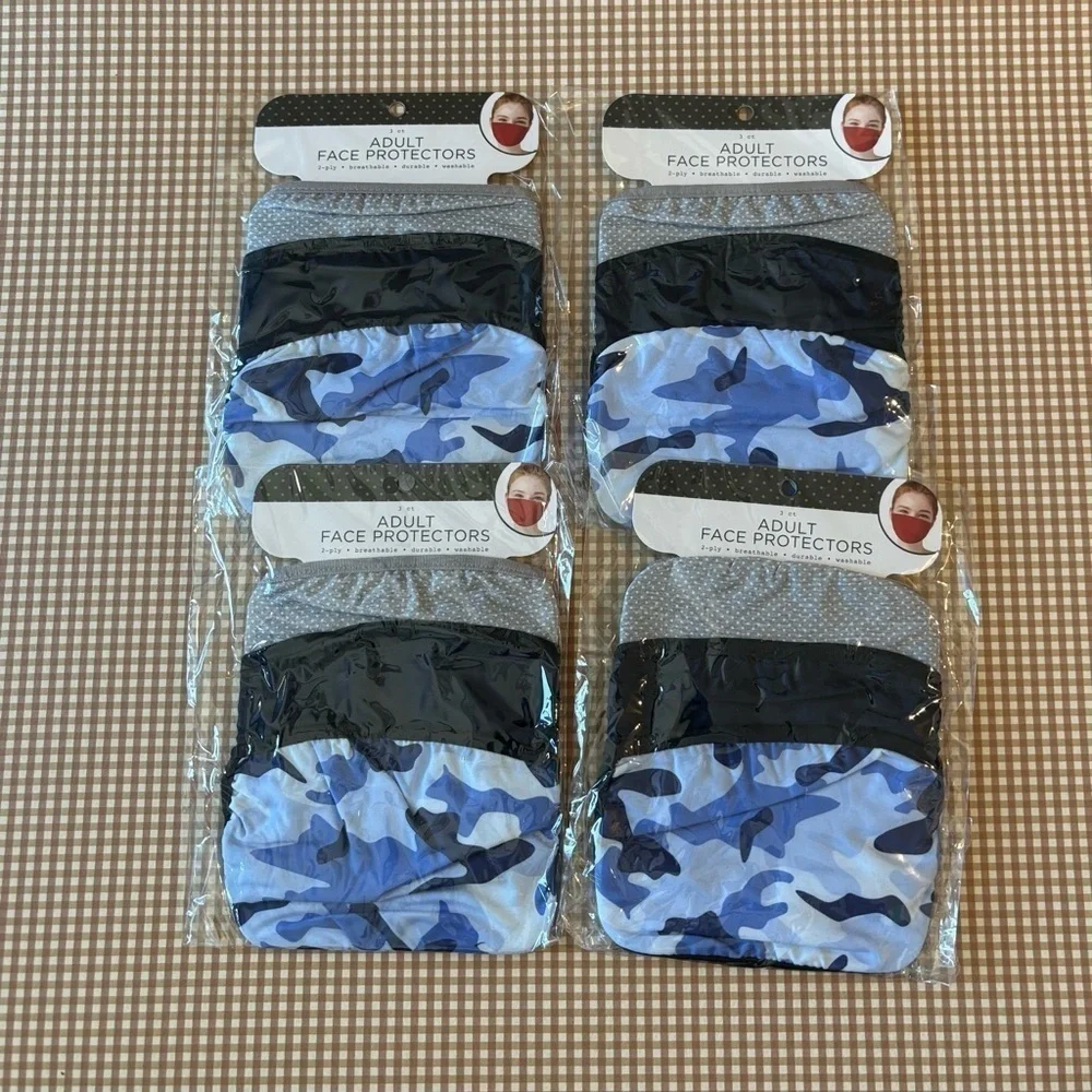 4 pack of Reusable adult size face masks. 12 MASKS. NEW. Camouflage. Dots. Solid